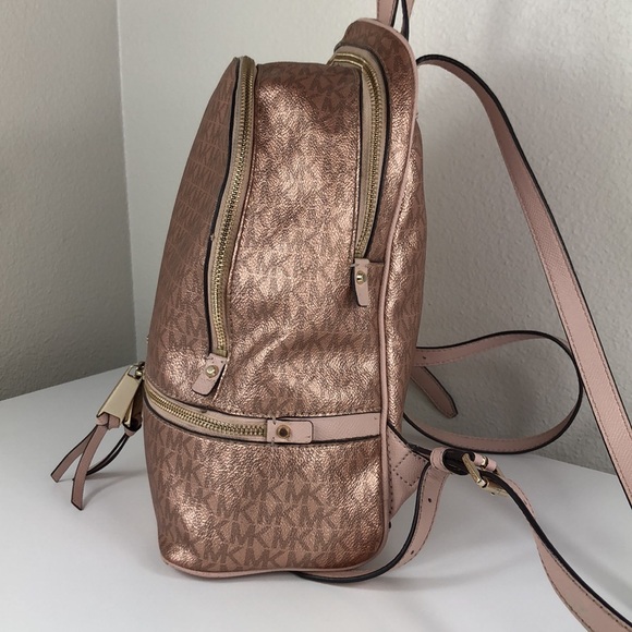 Michael Kors Backpack Women’s Bags Rose Gold MK Logo Print Foil Shimmer - Picture 5 of 17